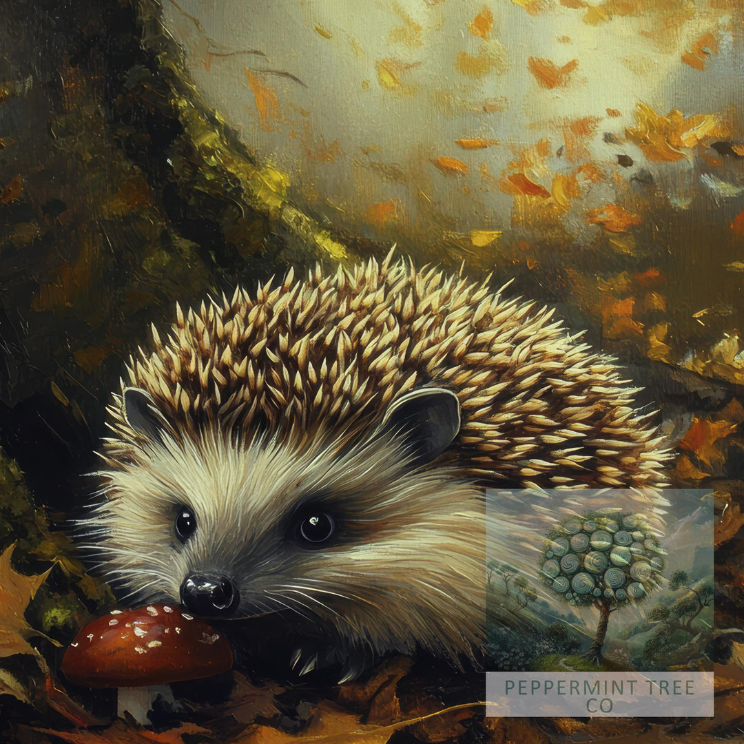 Hedgehog Autumn Print, Vintage Forest Cottagecore Art