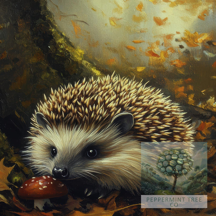 Hedgehog Autumn Print, Vintage Forest Cottagecore Art