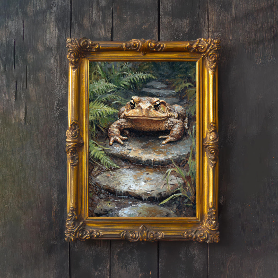 Toad on a Rainy Stone Cottagecore Print Poster Vintage Nature Art Dark Academia Wall Decor Antique Illustration Enchanted Forest Cottagecore