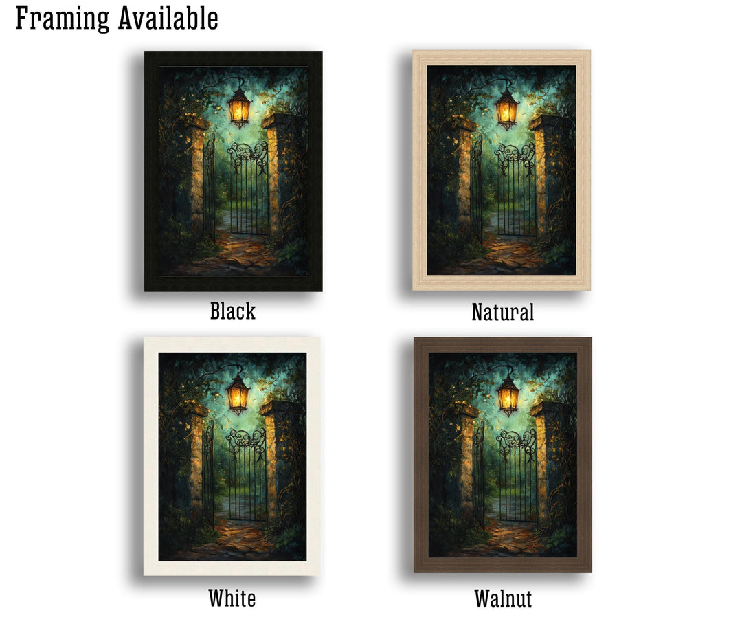 Lantern Lit Garden Gate Print, Vintage Cottagecore Art