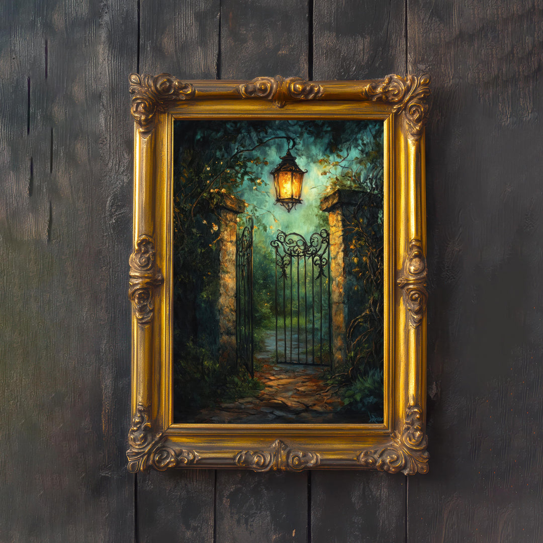 Lantern Lit Garden Gate Print, Vintage Cottagecore Art