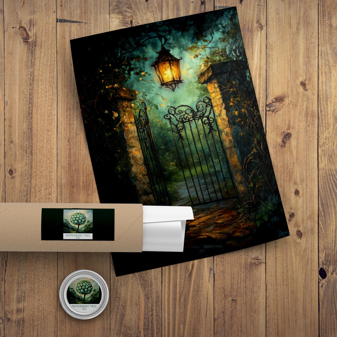 Lantern Lit Garden Gate Print, Vintage Cottagecore Art
