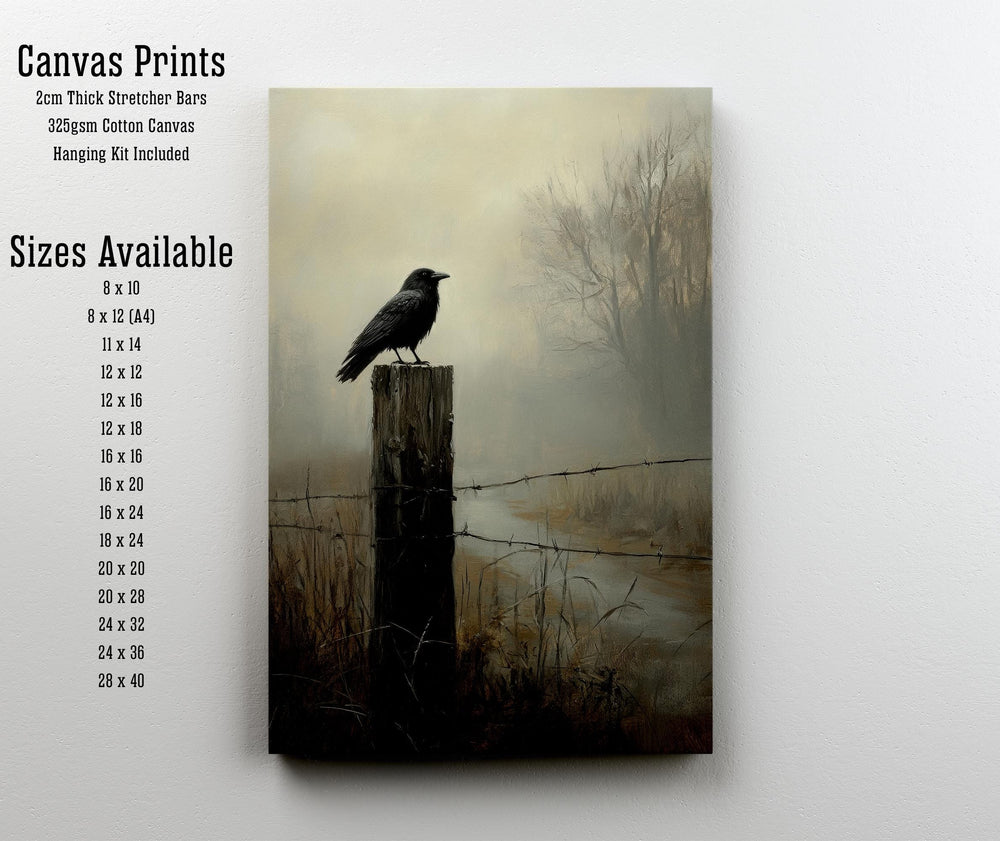 Crow on a Foggy Fencepost Cottagecore Print Poster Vintage Nature Art Dark Academia Antique Illustration Enchanted Moody Cottagecore