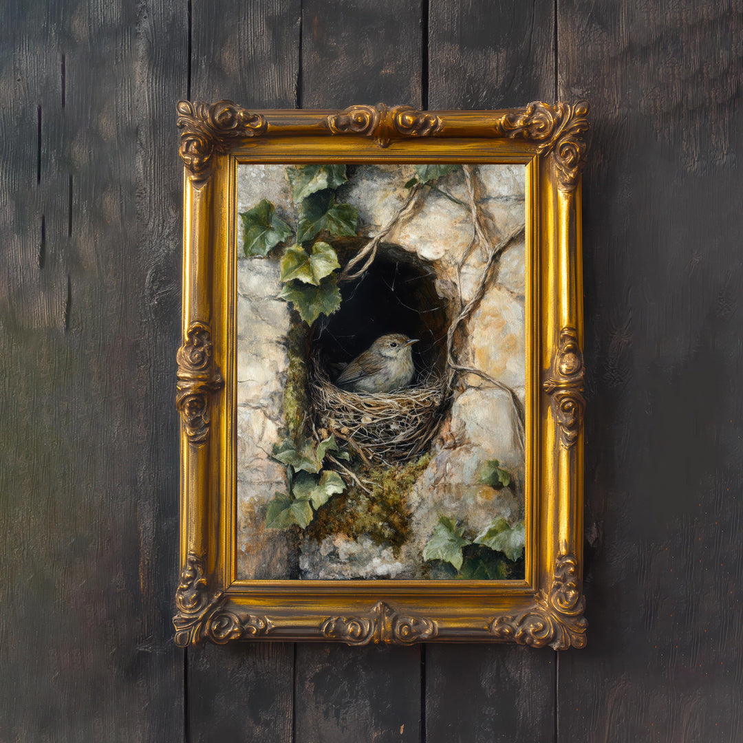 Wren Nestled in Ivy Wall Cottagecore Print Poster Vintage Nature Art Dark Academia Antique Illustration Enchanted Woodland Cottagecore