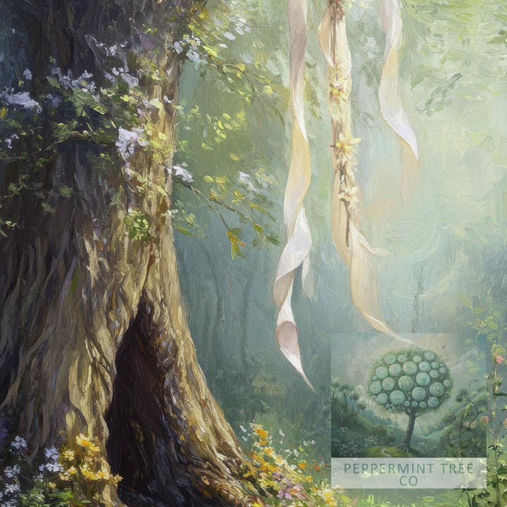 Enchanted Forest Tree Print, Hanging Ribbons Vintage Art