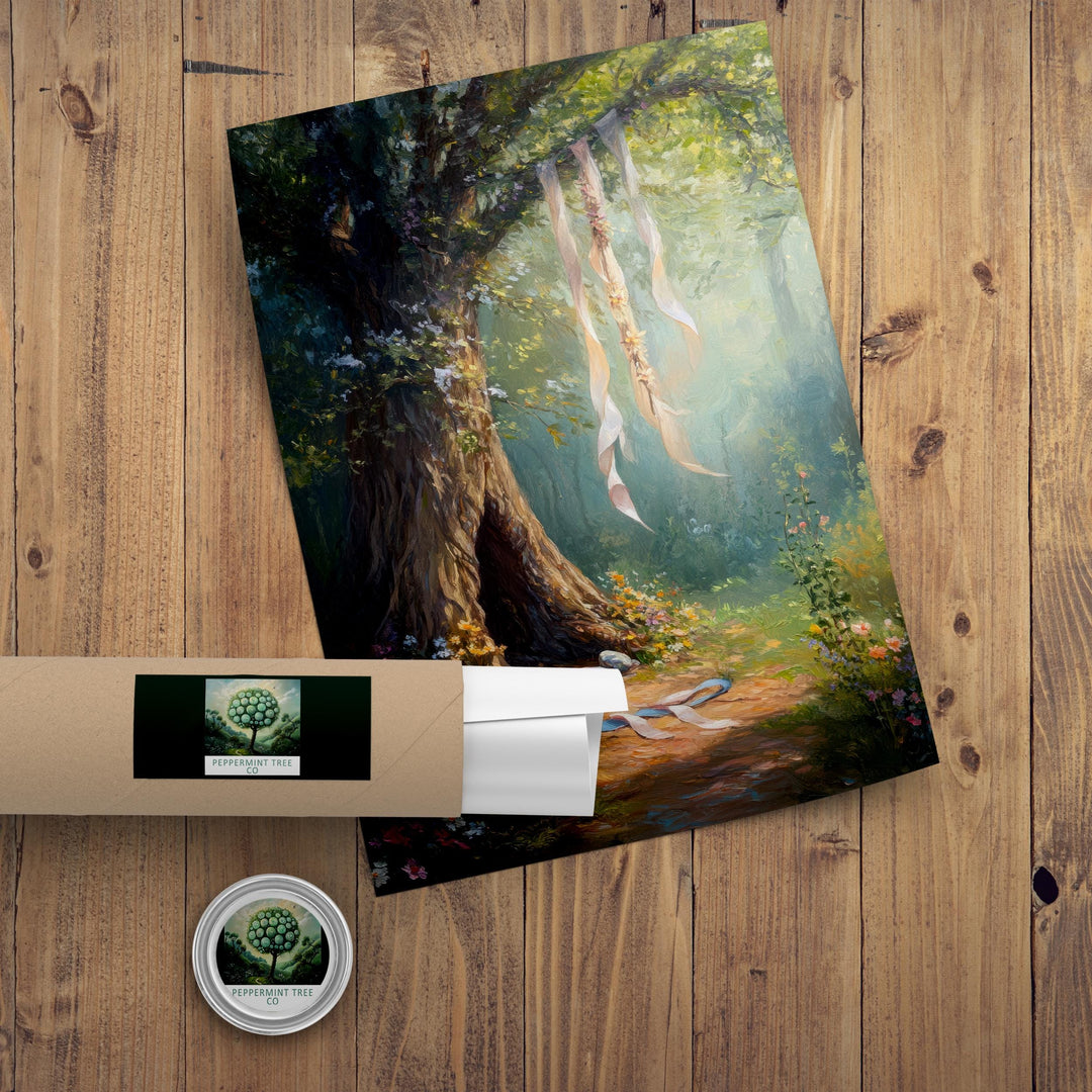 Enchanted Forest Tree Print, Hanging Ribbons Vintage Art