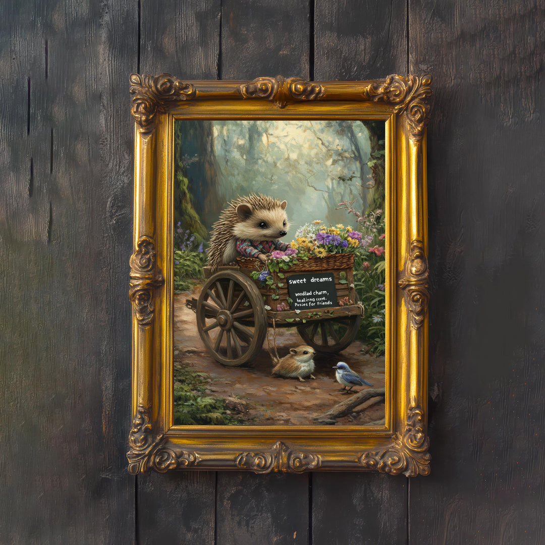 Hedgehog Florist Wagon Cottagecore Print Poster Vintage Woodland Art Dark Academia Decor Antique Illustration Enchanted Forest Aesthetic