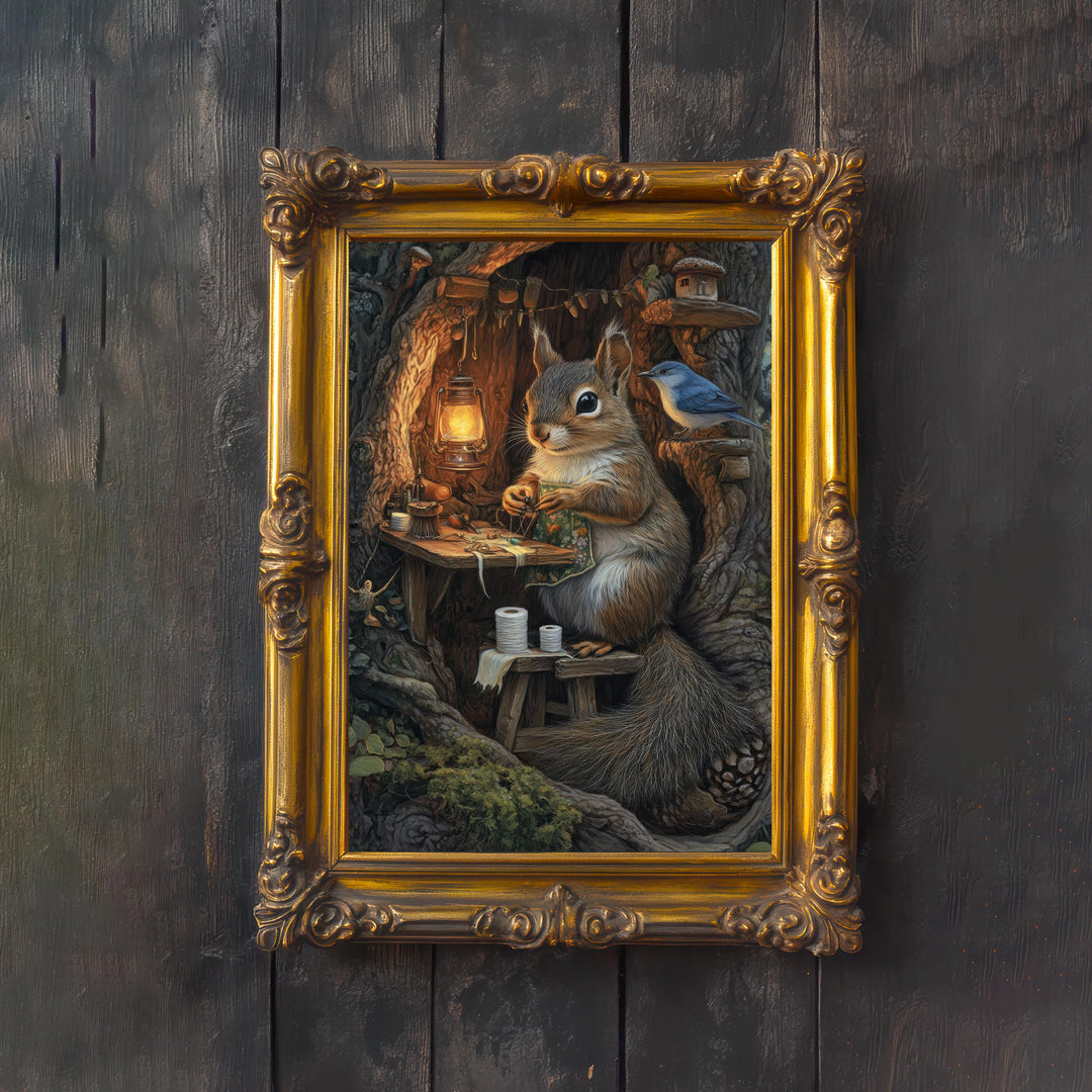Squirrel Clothes Tailor Cottagecore Print Poster Vintage Woodland Art Dark Academia Decor Antique Illustration Enchanted Forest Aesthetic