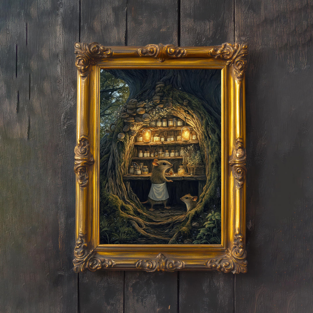 Shrew Apothecary Stall Cottagecore Print Poster Vintage Woodland Art Dark Academia Decor Antique Illustration Enchanted Forest Aesthetic