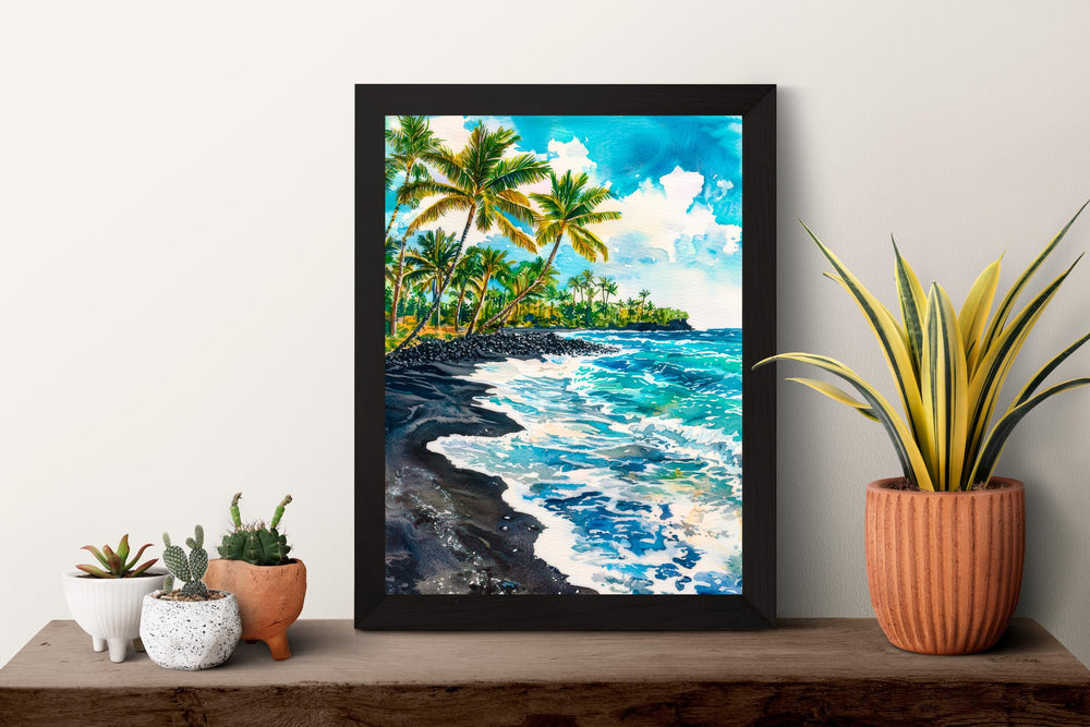 Punaluʻu Black Sand Beach Watercolor Poster Wall Art Punaluʻu Black Sand Beach Wall Hanging Home Décor Punaluʻu Black Sand Beach
