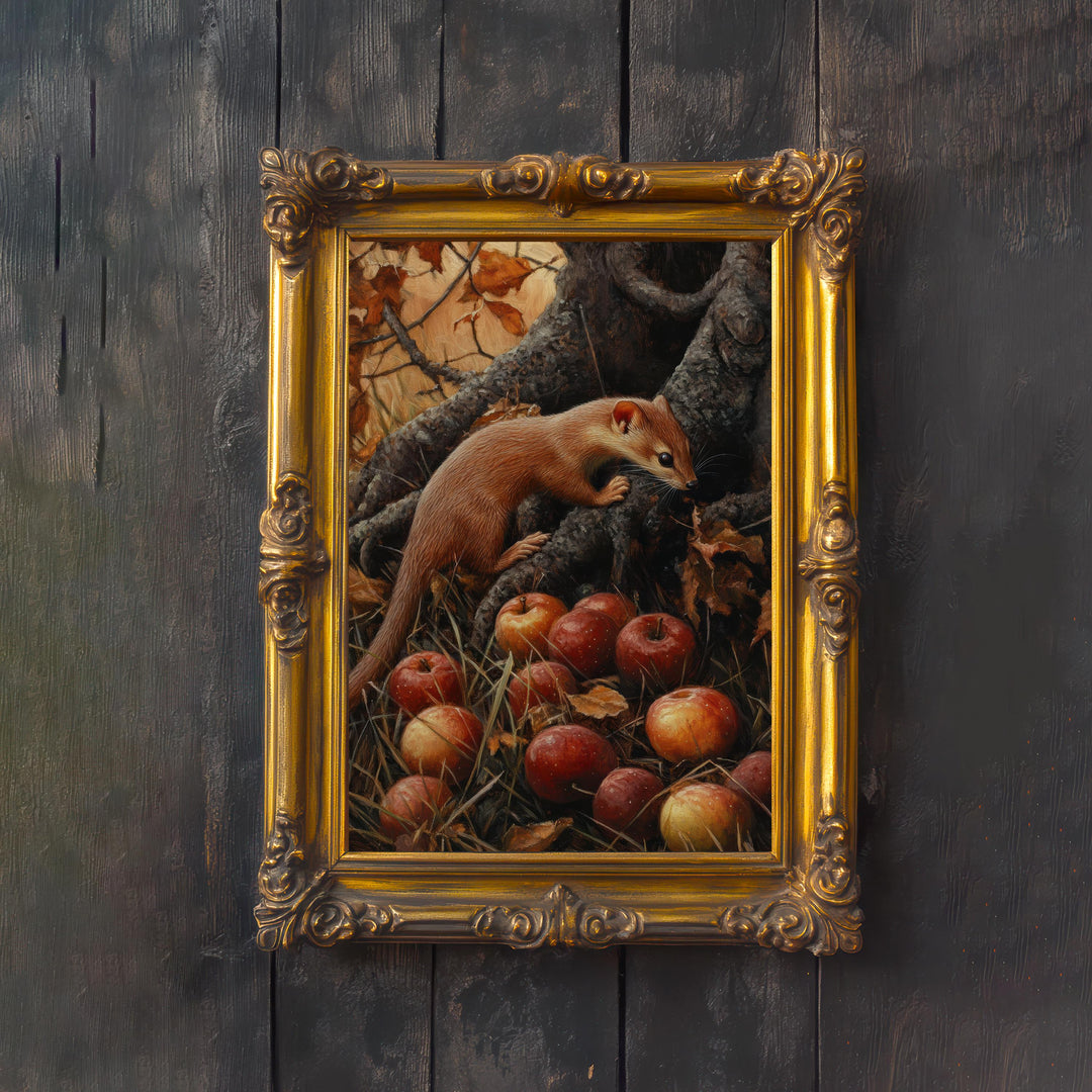 Weasel and Fallen Apples Vintage Illustration, Cottagecore Print
