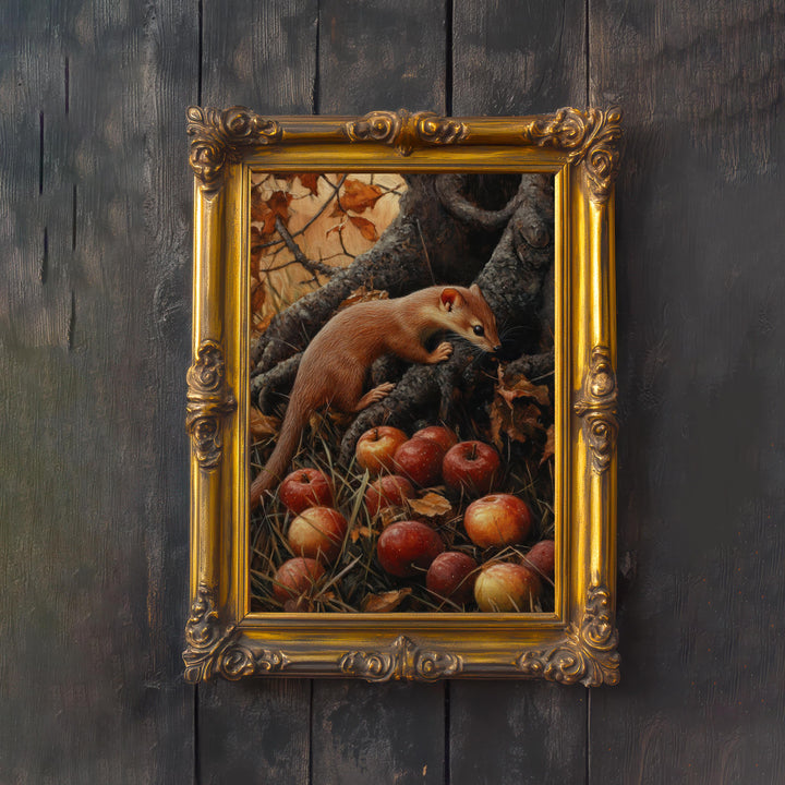 Weasel and Fallen Apples Vintage Illustration, Cottagecore Print