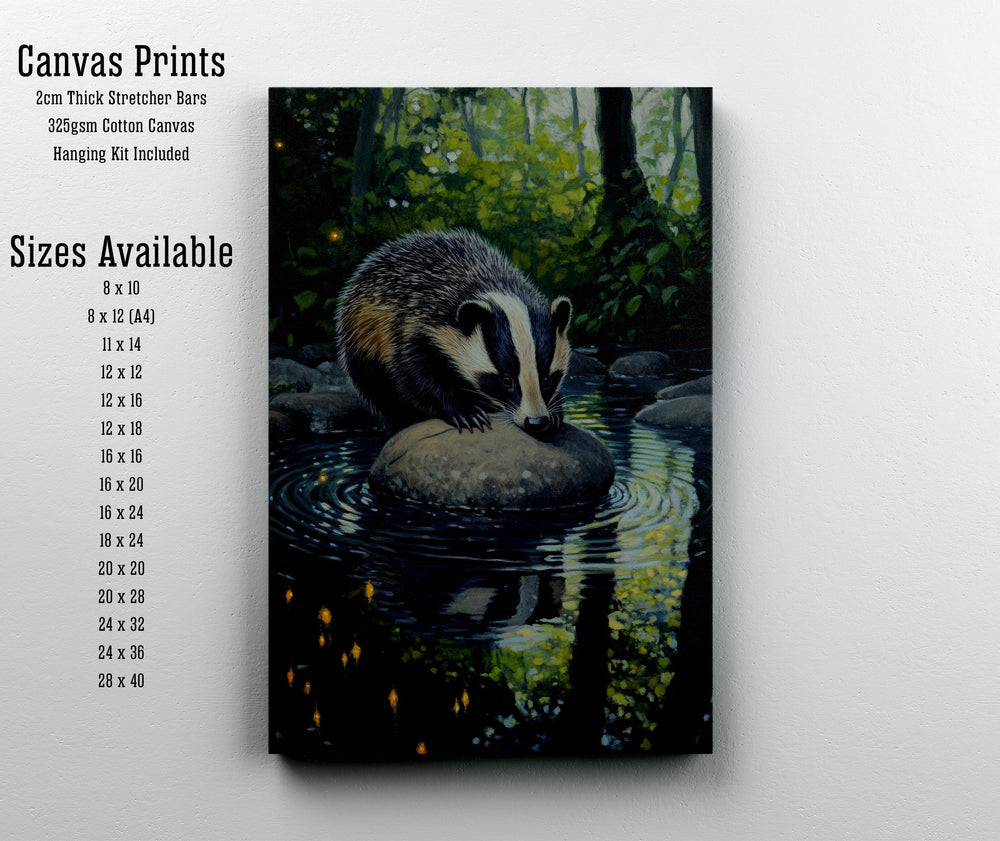 Badger Woodland Stream Print - Vintage Cottagecore Forest Poster