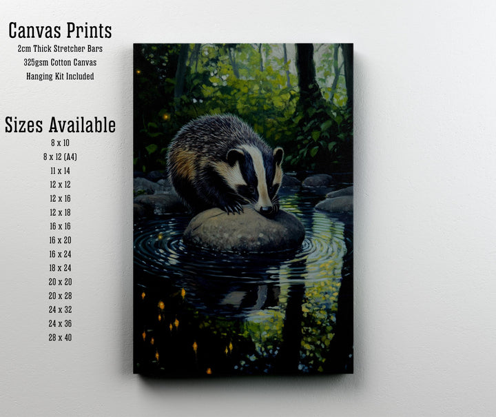 Badger Woodland Stream Print - Vintage Cottagecore Forest Poster