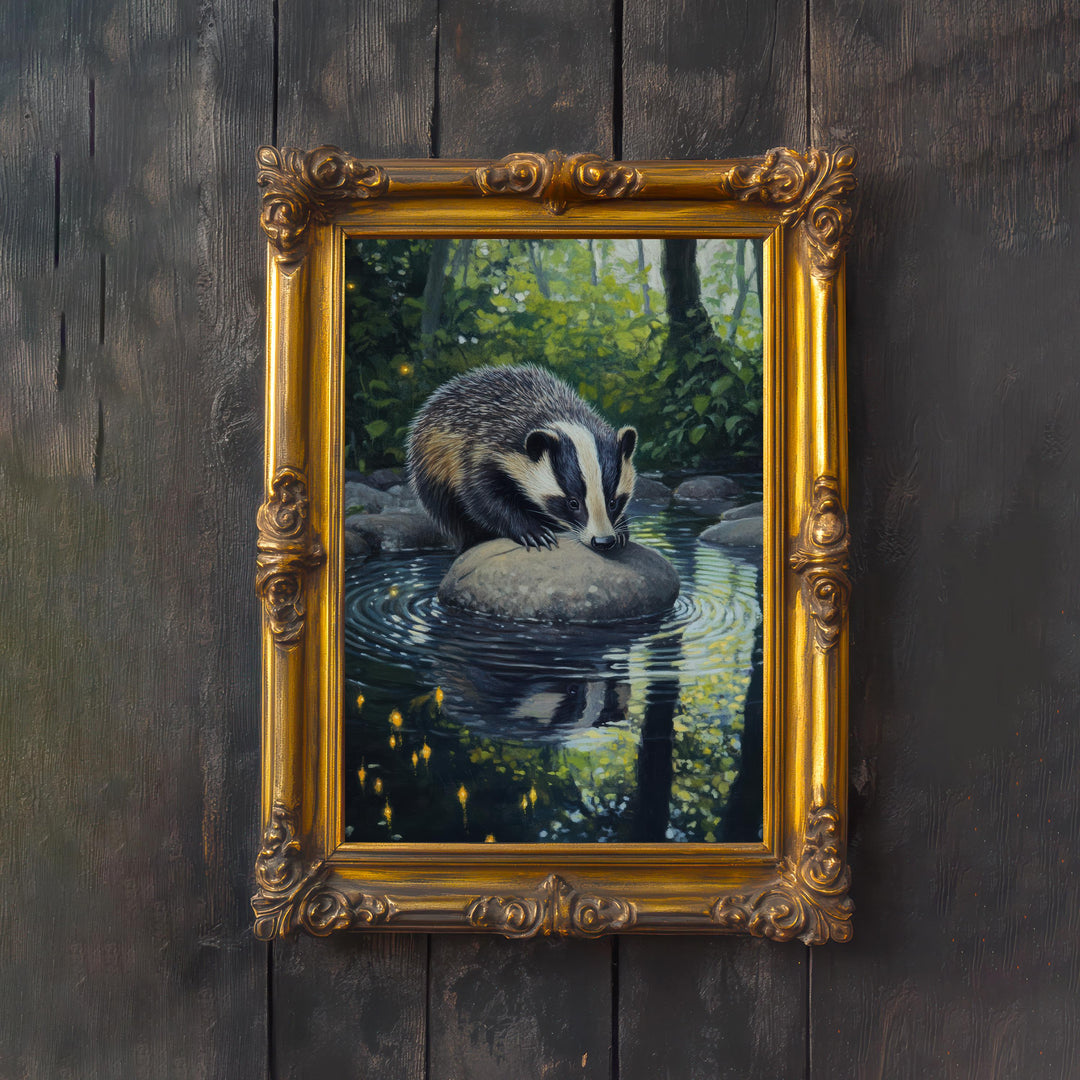 Badger Woodland Stream Print - Vintage Cottagecore Forest Poster