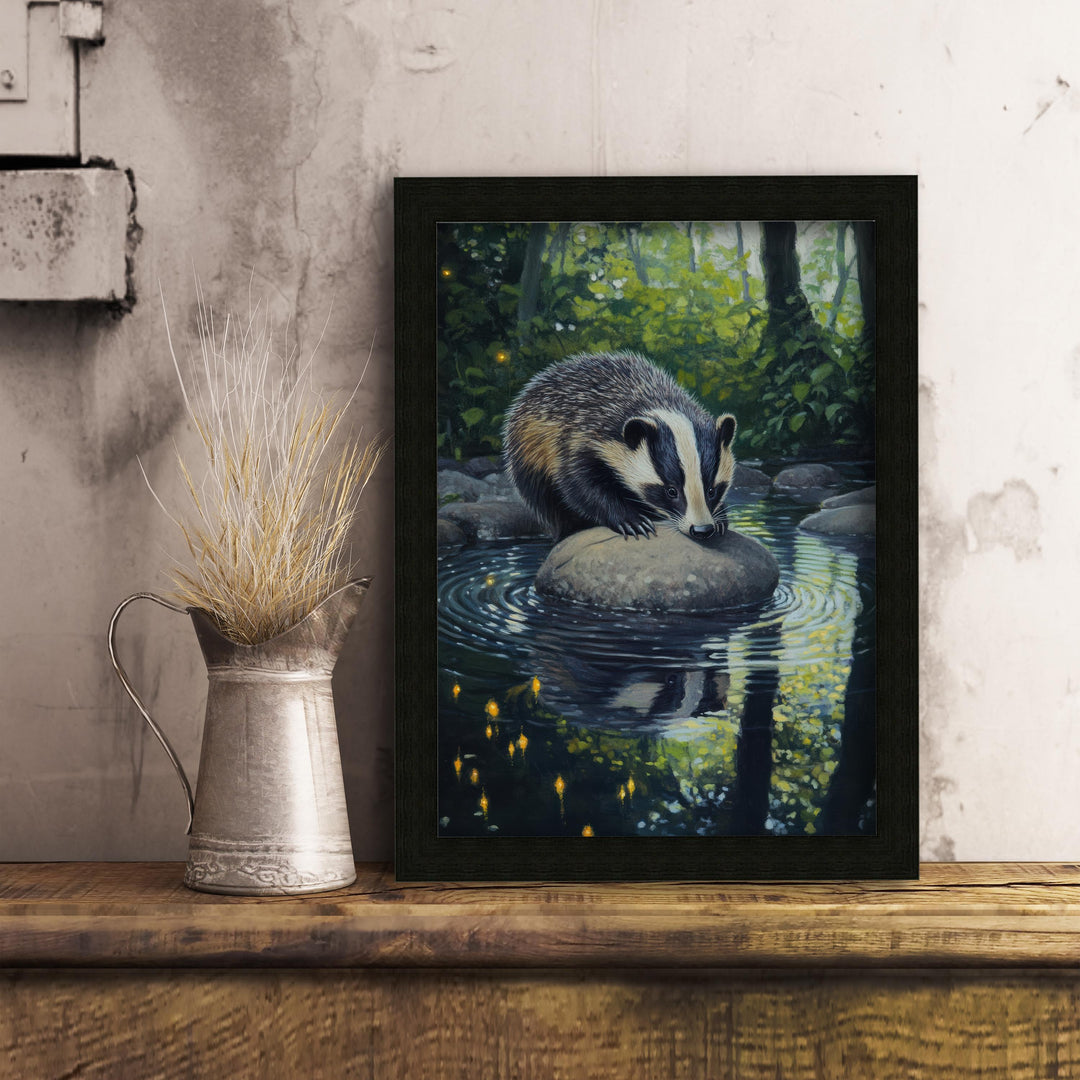 Badger Woodland Stream Print - Vintage Cottagecore Forest Poster