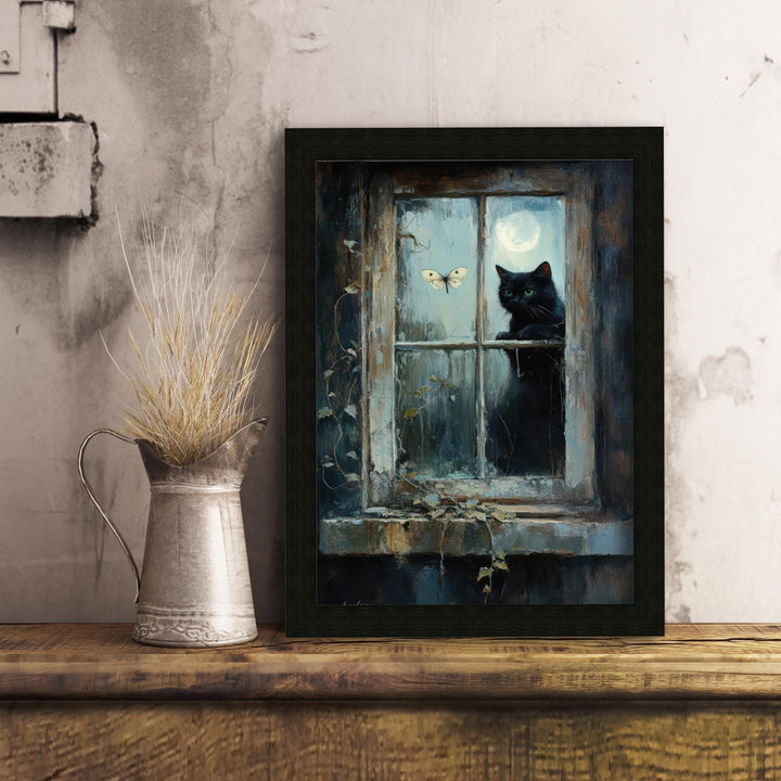 Moth-Watching Cat Print, Vintage Cottagecore Illustration