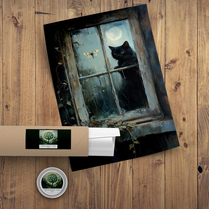 Moth-Watching Cat Print, Vintage Cottagecore Illustration