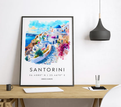 Santorini Watercolor Poster Wall Art Santorini Wall Hanging Home Décor Santorini Gift Art Lovers Greece Wall Art