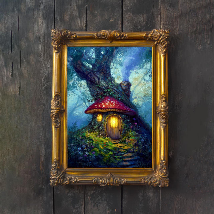 Toadstool Cottage Print: Whimsical Mushroom House, Enchanted Woodland Art