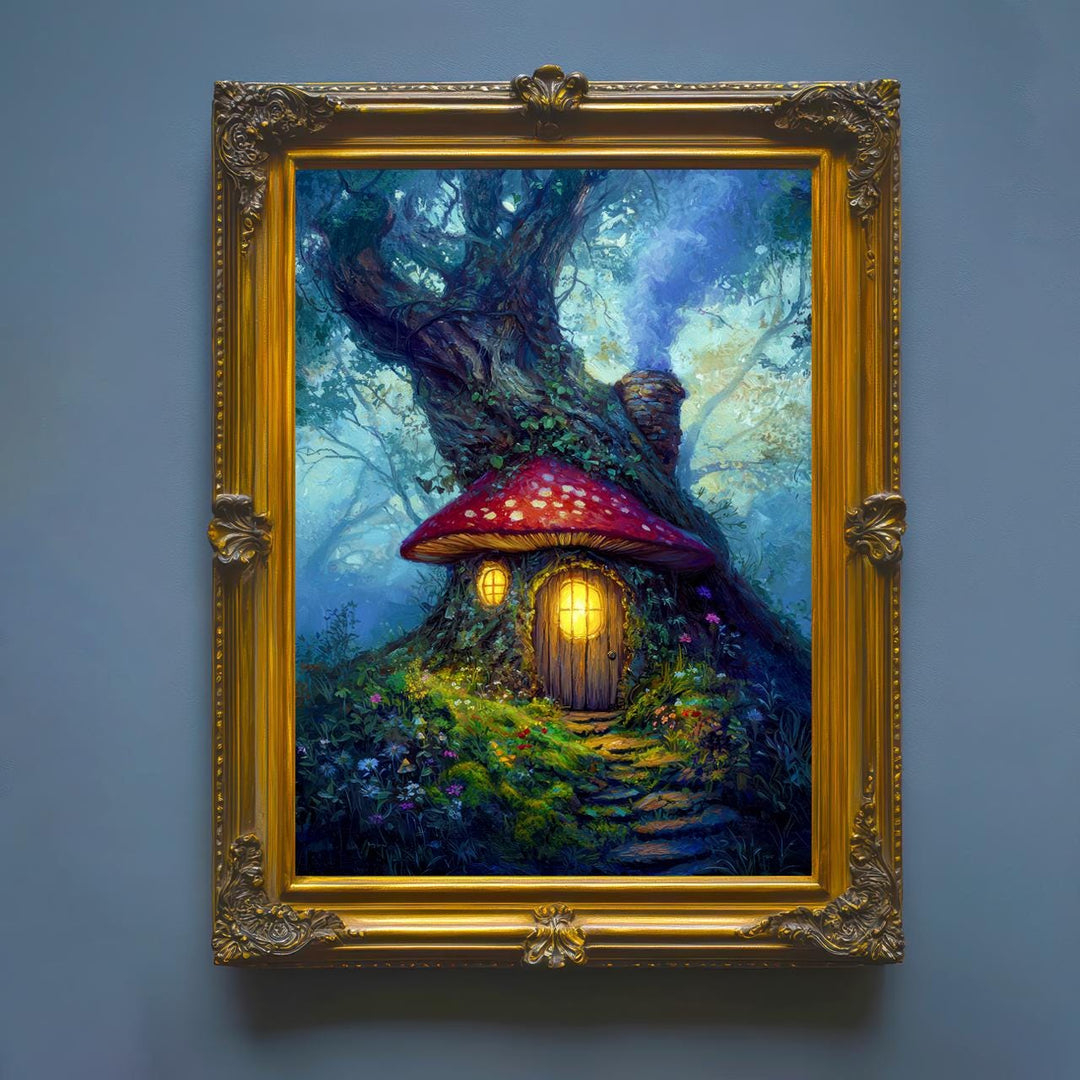 Toadstool Cottage Print: Whimsical Mushroom House, Enchanted Woodland Art