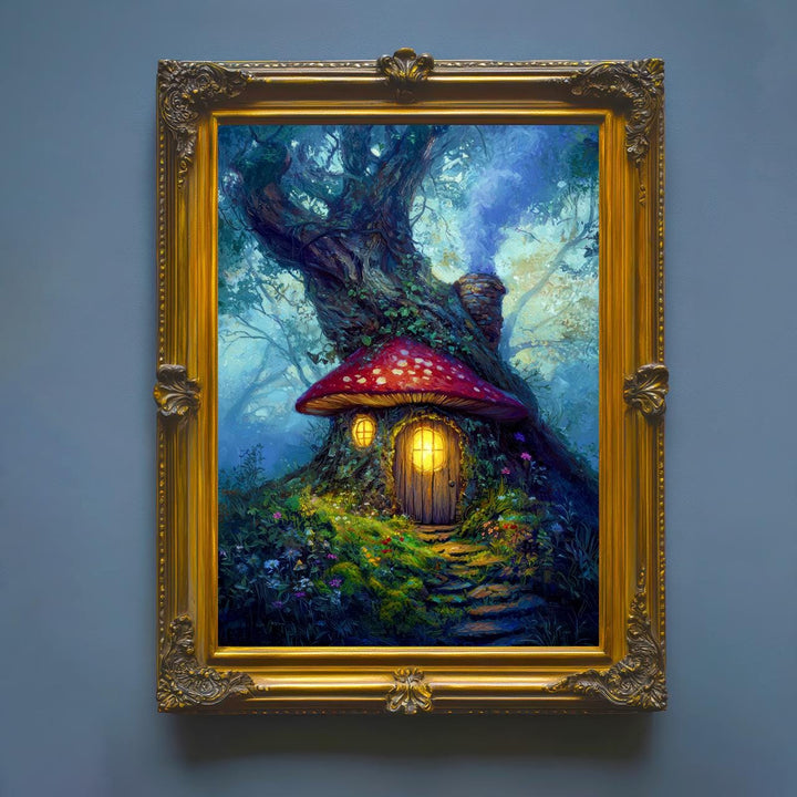 Toadstool Cottage Print: Whimsical Mushroom House, Enchanted Woodland Art