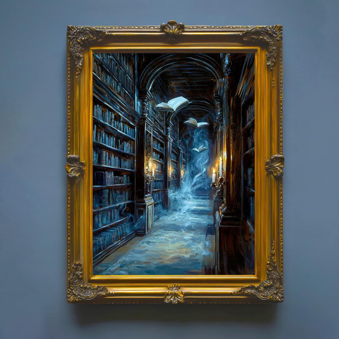 Ghost Library Print | Spooky Bookshelf, Dark Academia Wall Art
