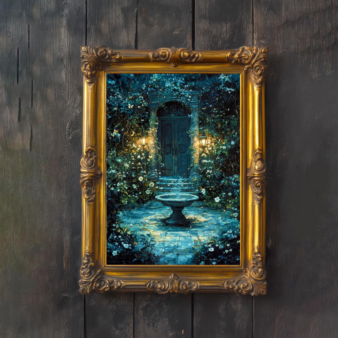 Garden Fountain Poster Enchanted Nature Artwork Magical Garden Illustration Cottagecore Wall Art Whimsical Botanical Print Vintage Fantasy