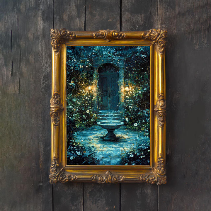 Garden Fountain Poster Enchanted Nature Artwork Magical Garden Illustration Cottagecore Wall Art Whimsical Botanical Print Vintage Fantasy