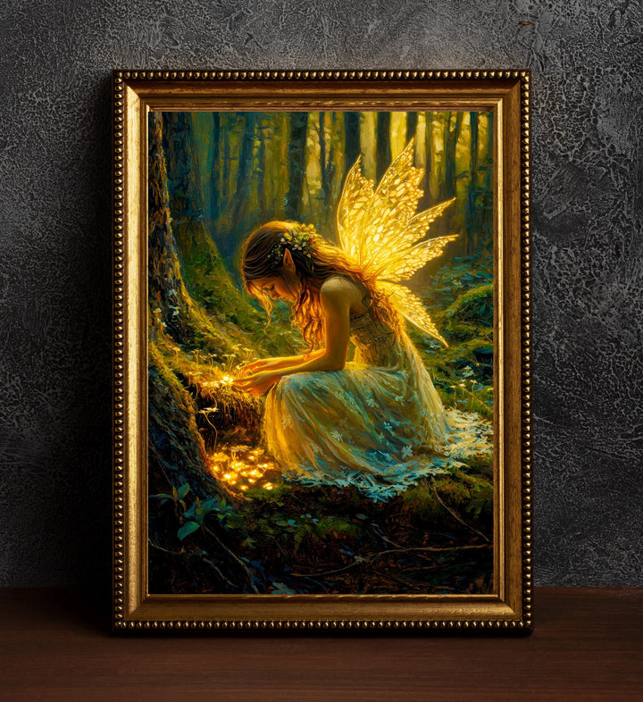 Fairy in Forest Poster Enchanted Woodland Artwork Magical Nature Illustration Cottagecore Wall Art Whimsical Fantasy Print Vintage Fairycore