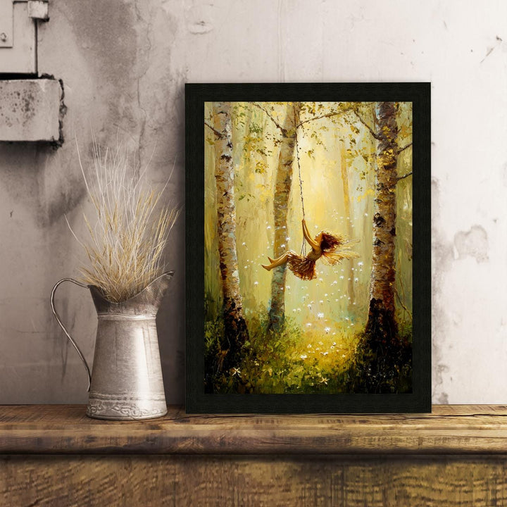 Fairy on Swing Poster Enchanted Woodland Artwork Magical Nature Illustration Cottagecore Wall Art Whimsical Fantasy Print Vintage Fairycore