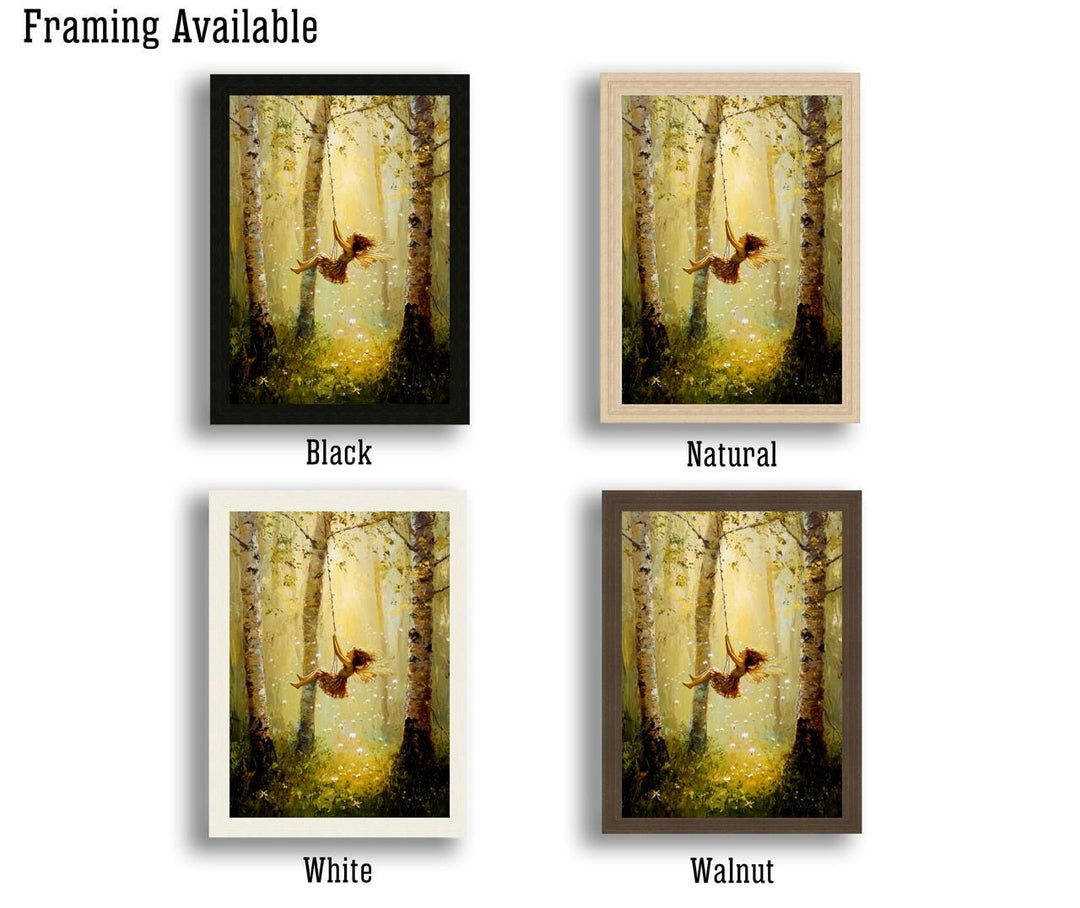 Fairy on Swing Poster Enchanted Woodland Artwork Magical Nature Illustration Cottagecore Wall Art Whimsical Fantasy Print Vintage Fairycore