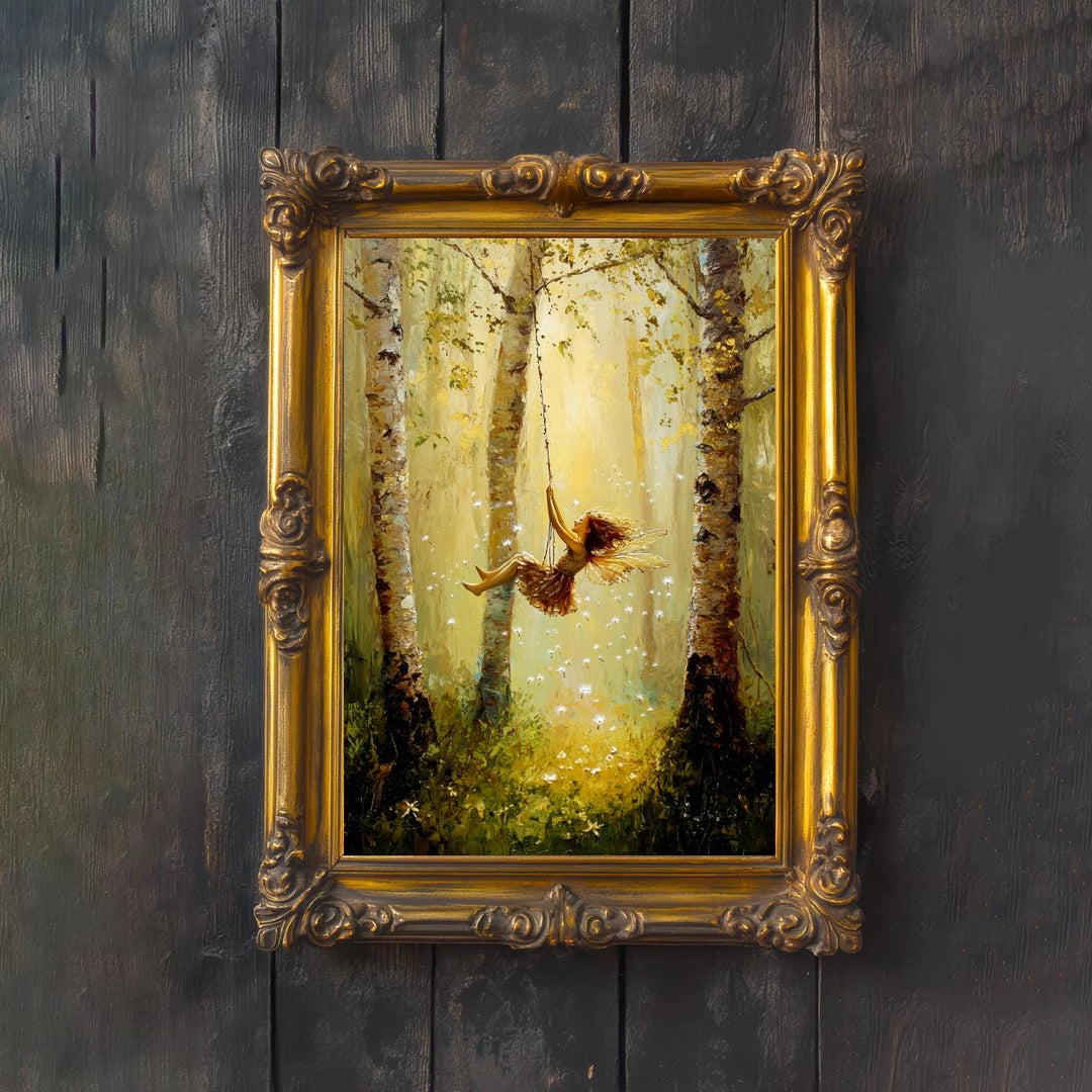 Fairy on Swing Poster Enchanted Woodland Artwork Magical Nature Illustration Cottagecore Wall Art Whimsical Fantasy Print Vintage Fairycore