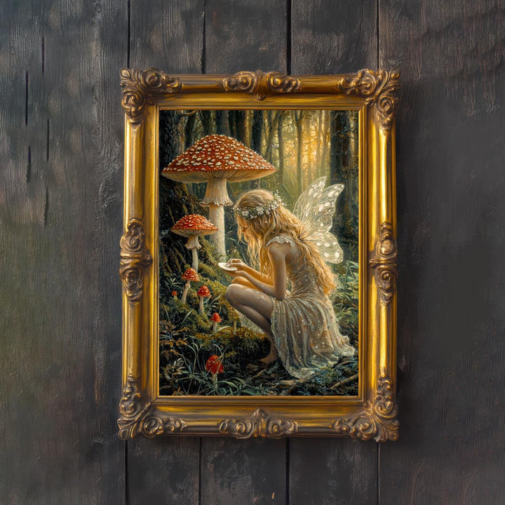 Fairy Painting Mushrooms Poster Enchanted Woodland Artwork Magical Nature Illustration Cottagecore Wall Art Whimsical Fantasy Print Vintage