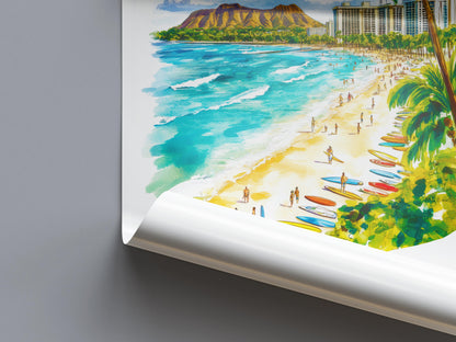 Waikiki Beach watercolor poster Wall Art Waikiki Beach Wall Hanging Home Décor Waikiki Beach Gift Art Lovers Hawaii Art Lover Gift Hawaii