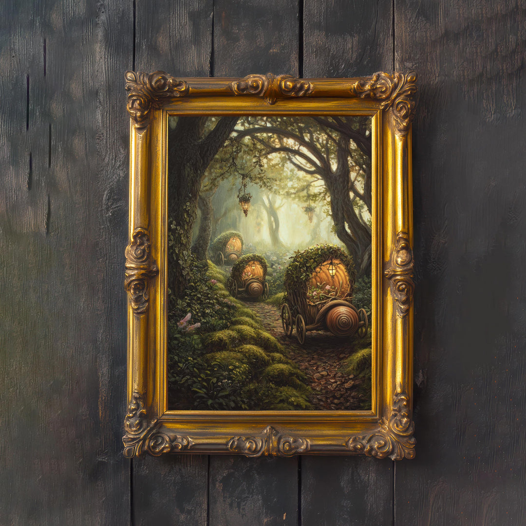 Snail Drawn Carriages Cottagecore Print Poster Vintage Forest Art Dark Academia Wall Decor Antique Illustration Enchanted Woodland Aesthetic