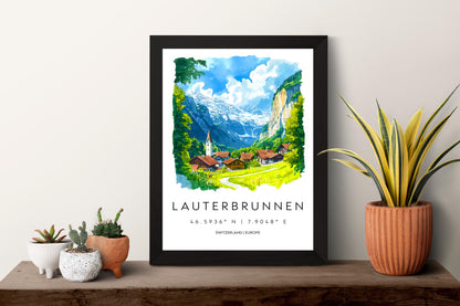 Lauterbrunnen Watercolor Poster Wall Art Lauterbrunnen Wall Hanging Home Décor Lauterbrunnen Gift Art Lovers Switzerland Wall Art