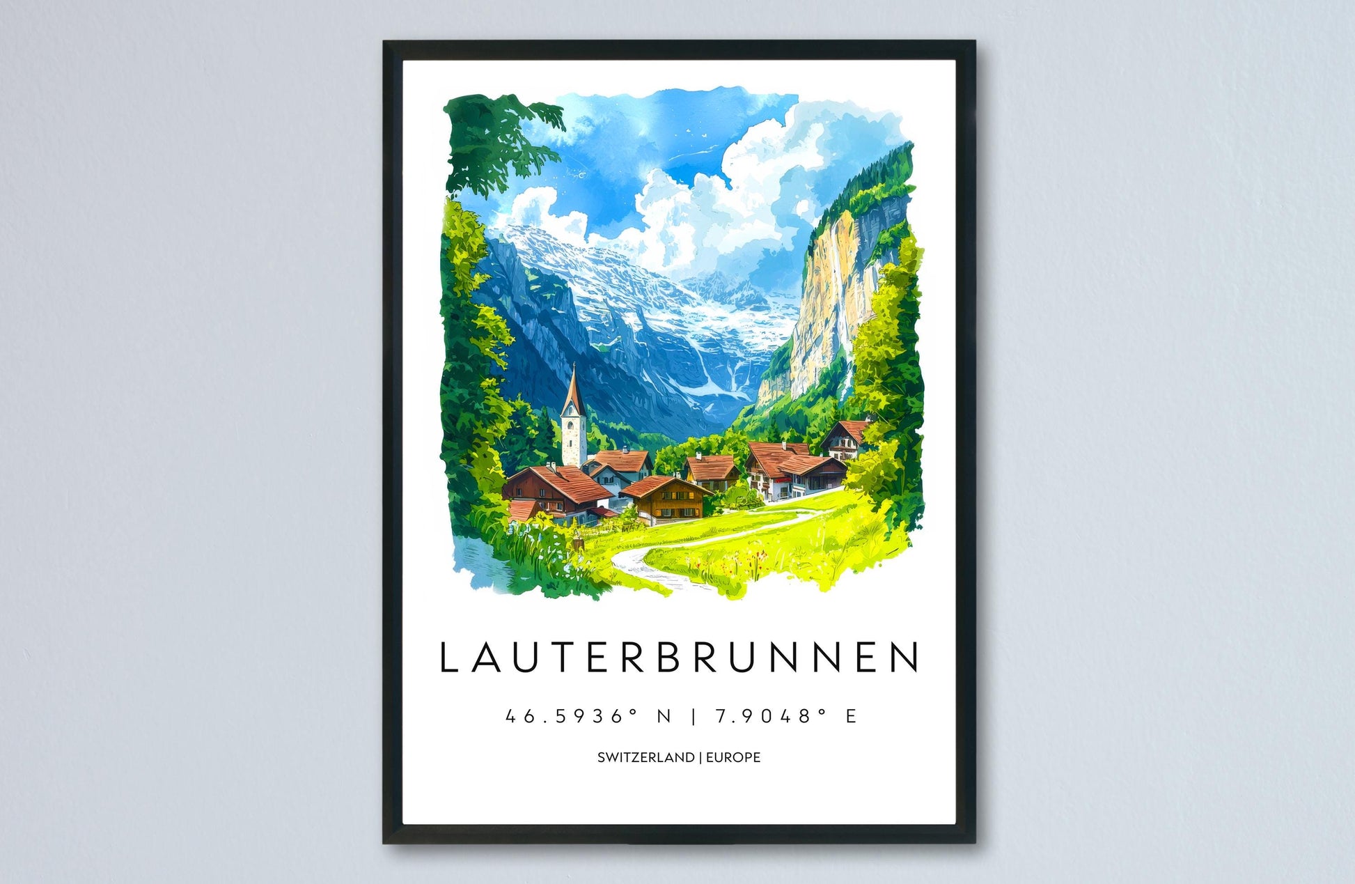 Lauterbrunnen Watercolor Poster Wall Art Lauterbrunnen Wall Hanging Home Décor Lauterbrunnen Gift Art Lovers Switzerland Wall Art