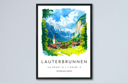 Lauterbrunnen Watercolor Poster Wall Art Lauterbrunnen Wall Hanging Home Décor Lauterbrunnen Gift Art Lovers Switzerland Wall Art