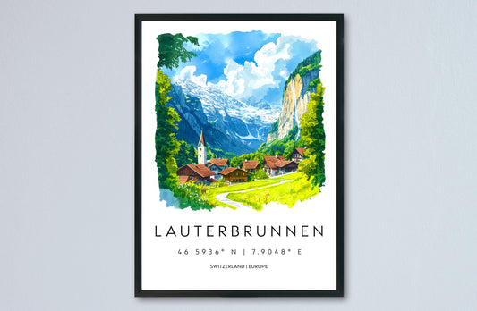 Lauterbrunnen Watercolor Poster Wall Art Lauterbrunnen Wall Hanging Home Décor Lauterbrunnen Gift Art Lovers Switzerland Wall Art