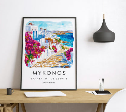Mykonos Watercolor Poster Wall Art Mykonos Wall Hanging Home Décor Mykonos Gift Art Lovers Greece Wall Art