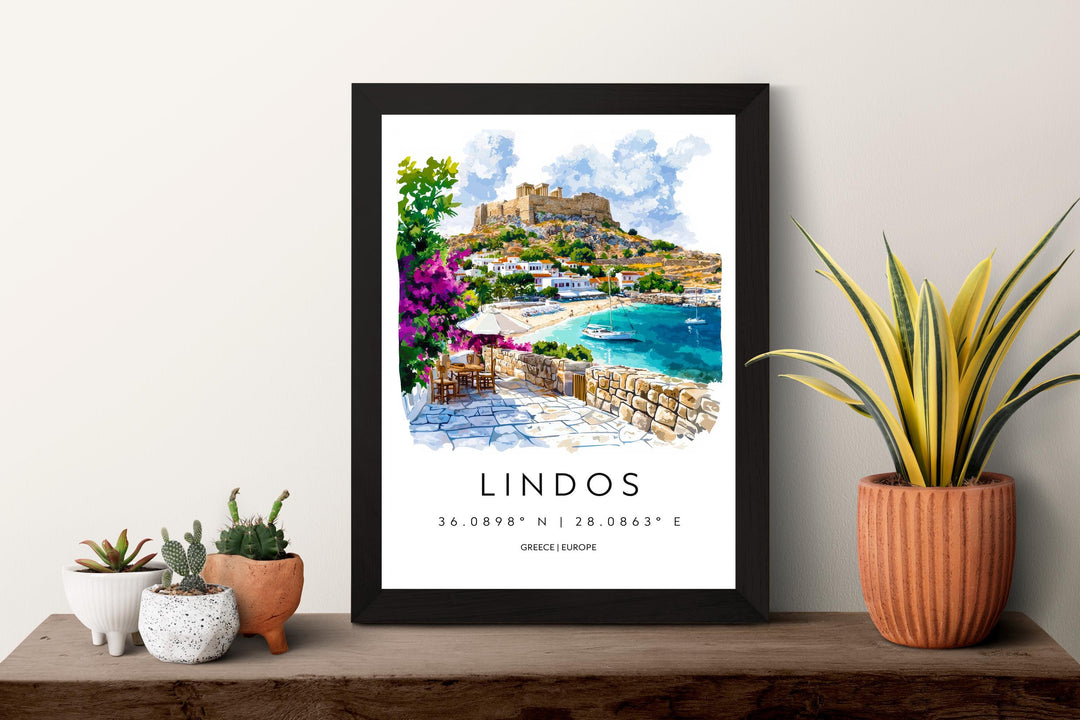 Lindos Watercolor Poster Wall Art Lindos Wall Hanging Home Décor Lindos Gift Art Lovers Greece Wall Art