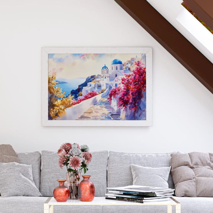 Santorini Watercolor Poster Landscape Wall Art Santorini Wall Hanging Home Décor Santorini Gift Art Lovers Greece Wall Art