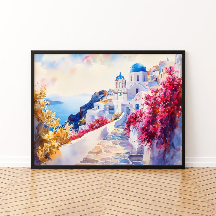 Santorini Watercolor Poster Landscape Wall Art Santorini Wall Hanging Home Décor Santorini Gift Art Lovers Greece Wall Art