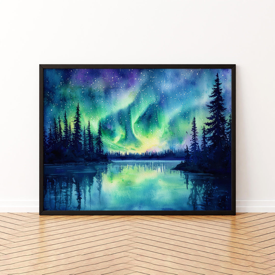 Northern Lights Watercolor Poster Landscape Wall Art Northern Lights Wall Hanging Home Décor Northern Lights Gift Art Lovers Norway Wall Art