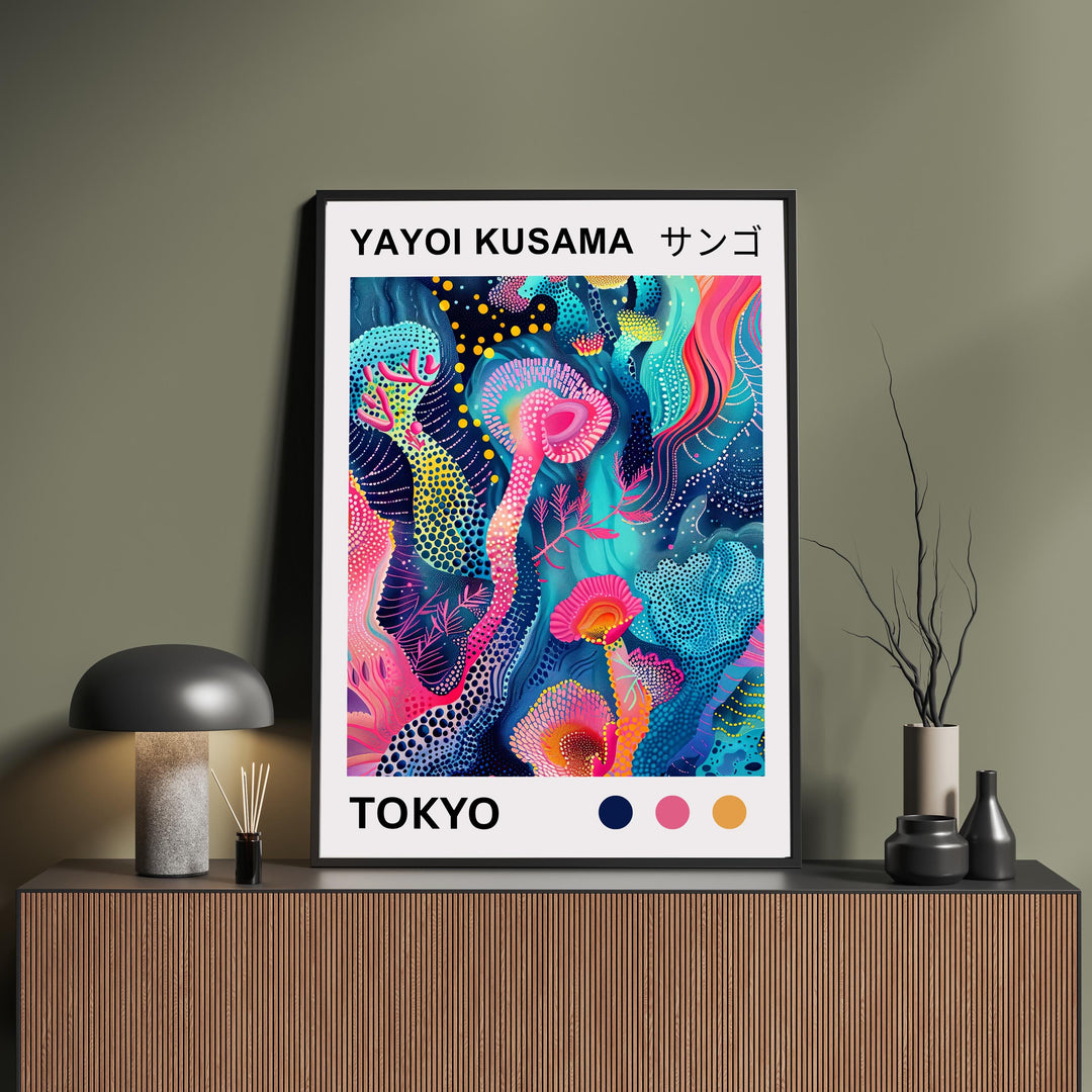 Yayoi Kusama Mushroom Poster Modern Pop Art Print Japanese Abstract Nature Decor Polka Dot Fungi Artwork Bold Contemporary Wall Design