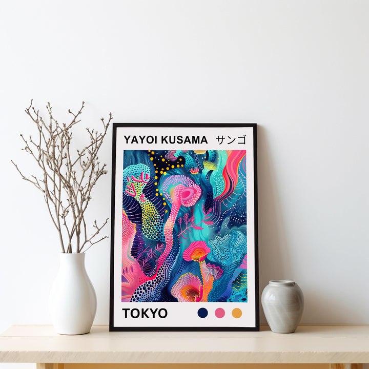 Yayoi Kusama Mushroom Poster Modern Pop Art Print Japanese Abstract Nature Decor Polka Dot Fungi Artwork Bold Contemporary Wall Design
