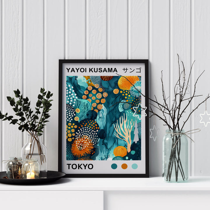 Yayoi Kusama Coral Poster Modern Pop Art Print Japanese Abstract Ocean Design Polka Dot Marine Artwork for Contemporary Coastal Decor