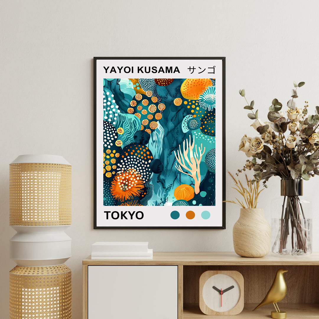 Yayoi Kusama Coral Poster Modern Pop Art Print Japanese Abstract Ocean Design Polka Dot Marine Artwork for Contemporary Coastal Decor