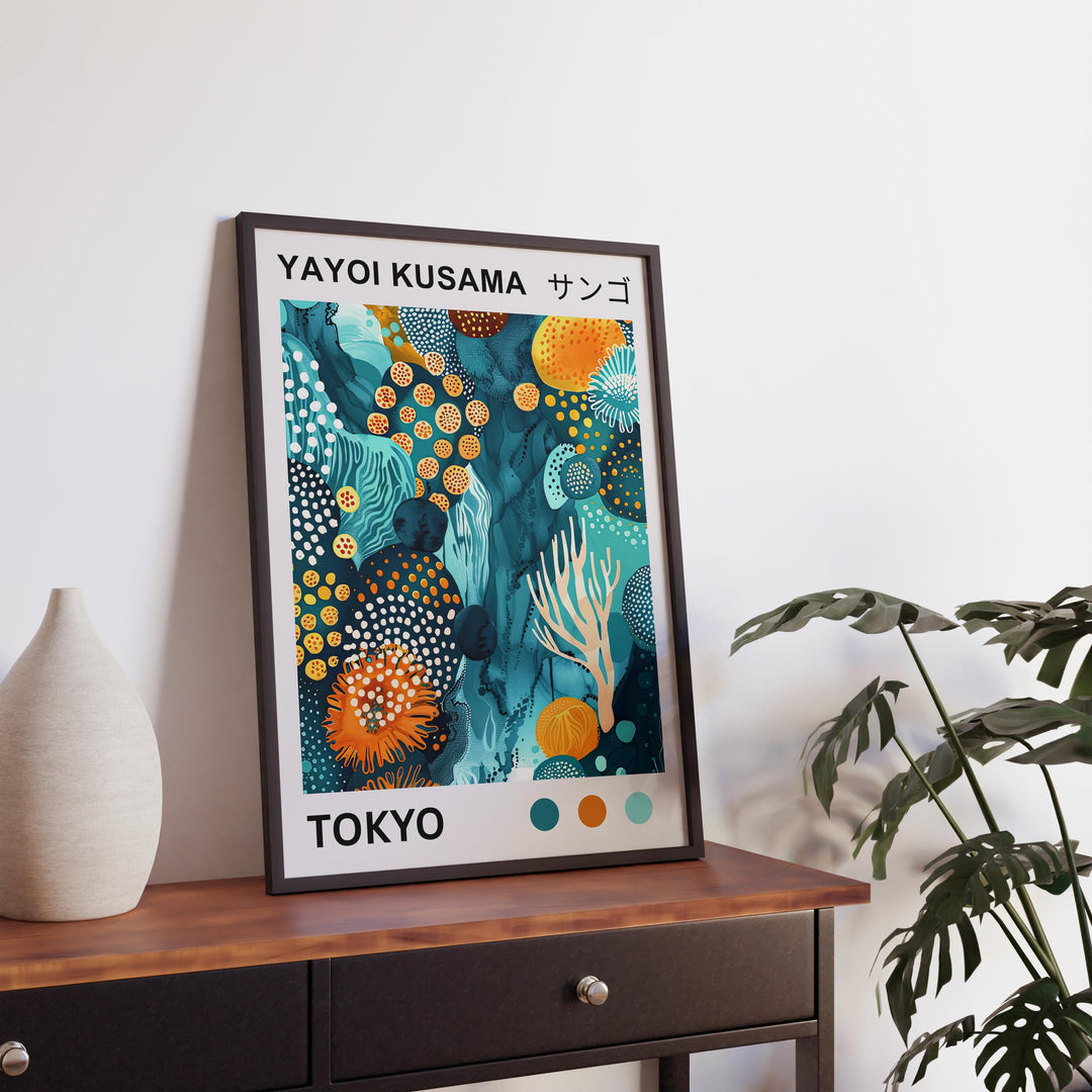 Yayoi Kusama Coral Poster Modern Pop Art Print Japanese Abstract Ocean Design Polka Dot Marine Artwork for Contemporary Coastal Decor